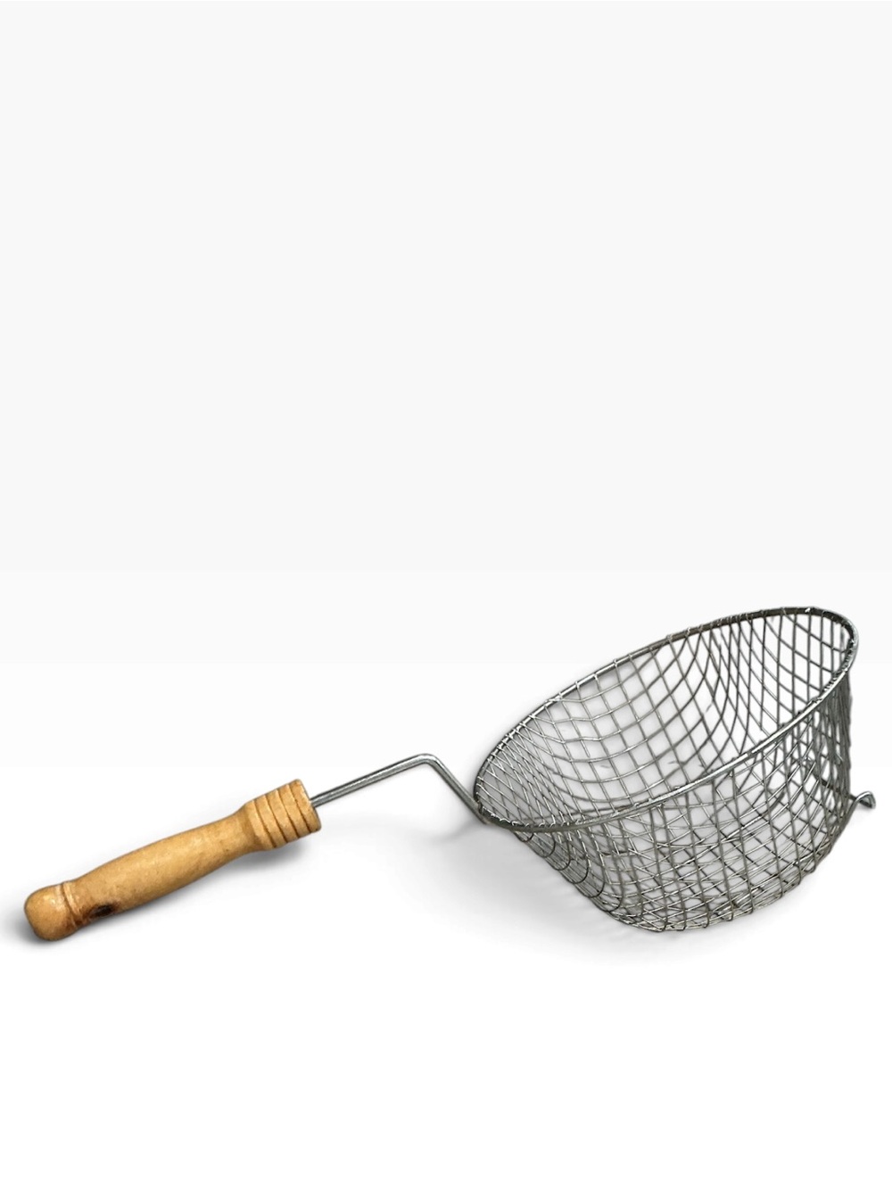 Vintage Wire Mesh Fry Basket Strainer Wood Handle Pot Rest Hook 14”